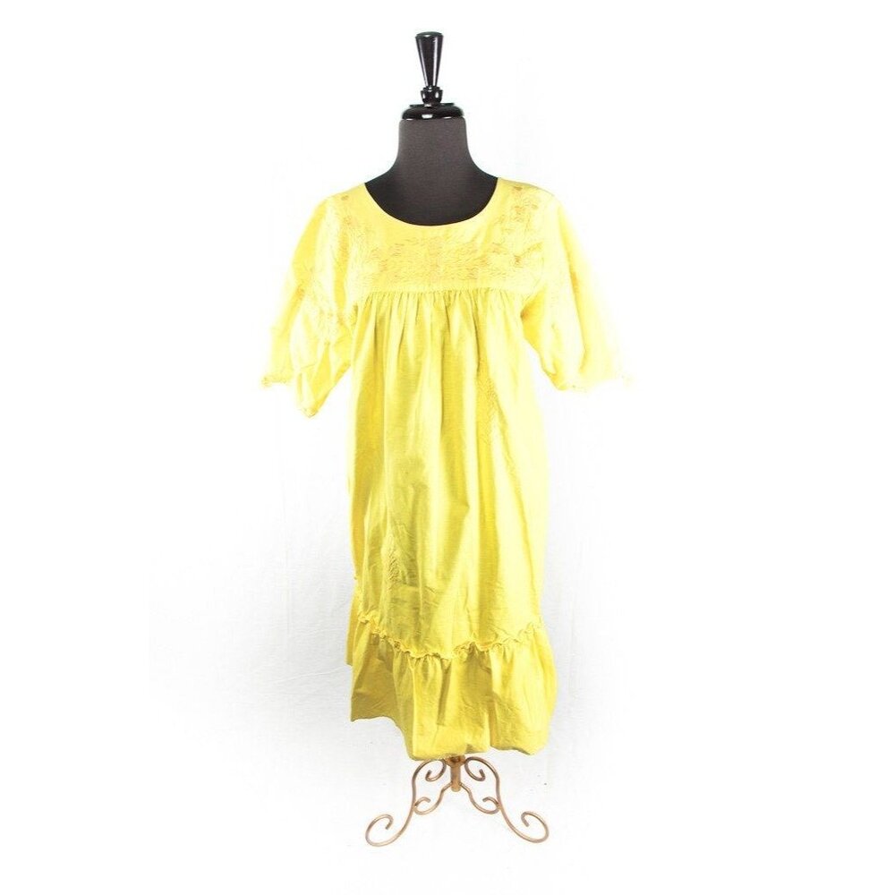Vtg Handmade Bright Yellow Dress Made In Tlaquepaque Mexico Short Sleeve Heavy M